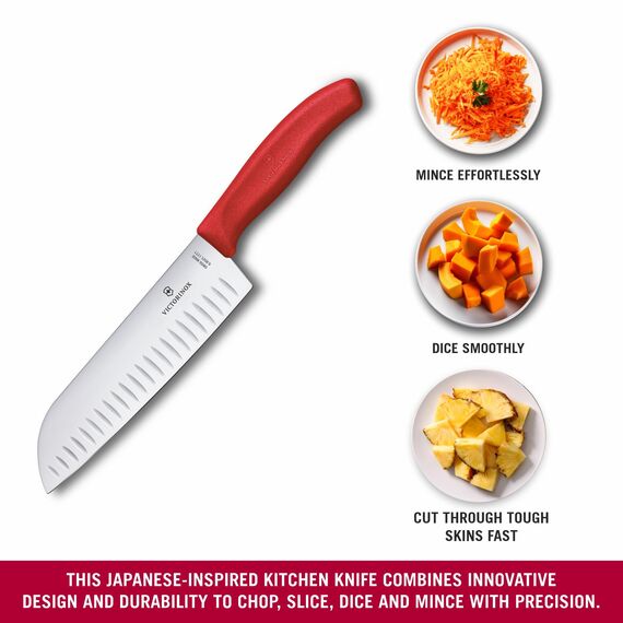 Victorinox Swiss Classic Santokumesser, Messer Asiatischer Art, Extra Scharfe Klinge, Kullenschliff, 17 cm, Rostfreier Stahl, Blister, Rot