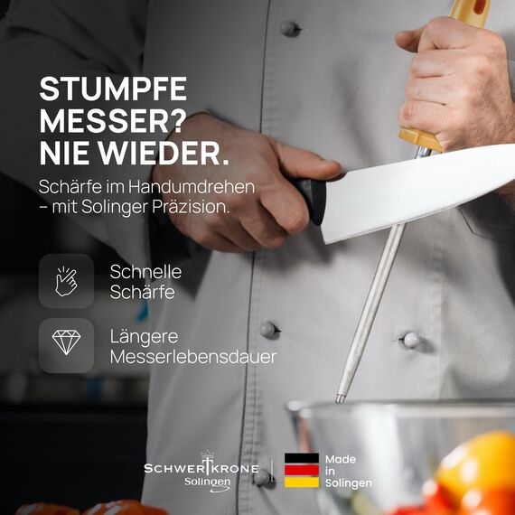 SCHWERTKRONE® Wetzstahl für Messer [MADE IN SOLINGEN - GERMANY] - Messerschärfer Stab - Wetzstab Messerstahl - Messerschärfer Knife Sharpener - Höchste Qualtiät für Profis (Chrom Vanadium) - 34cm