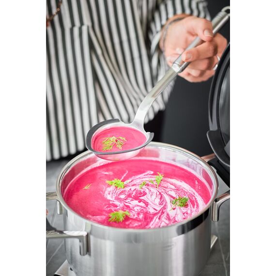 RÖSLE Portionslöffel Silikon, Hochwertiger Schöpflöffel mit Silikonrand und Rundgriff, Edelstahl 18/10, Spülmaschinengeeignet, Silberfarben/Schwarz