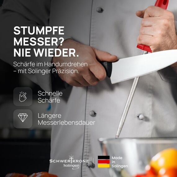 SCHWERTKRONE® Wetzstahl für Messer [MADE IN SOLINGEN - GERMANY] - Messerschärfer Stab - Wetzstab Messerstahl - Messerschärfer Knife Sharpener - Höchste Qualtiät für Profis (Chrom Vanadium) - 34cm ROT