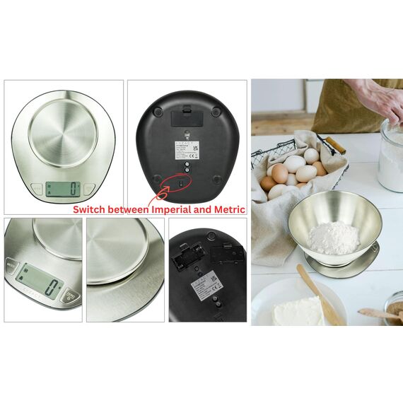 EXZACT Digitale Küchenwaage Edelstahl - Elektronische Kochwaage mit Abnehmbarer Schüssel zum Backen und Kochen - Tara-Funktion - Max 5 kgs - küchenwaage mit schüssel