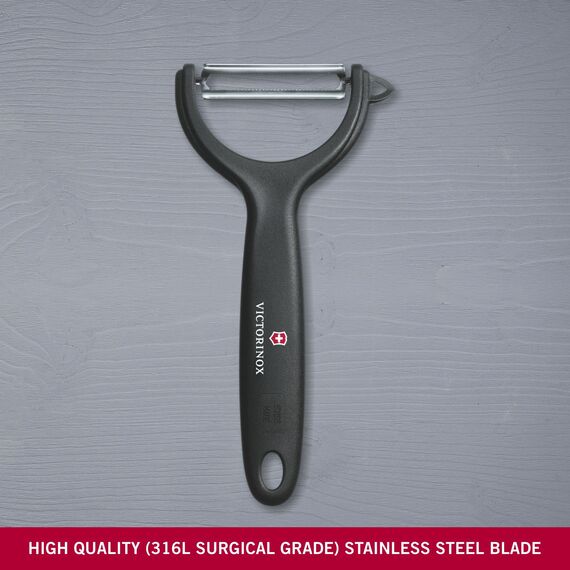 Victorinox Peeler Sparschäler, Gemüseschäler, Extra scharf, Zackenschliffklinge/Zweischneidig, Ergonomischer Griff, Schwarz