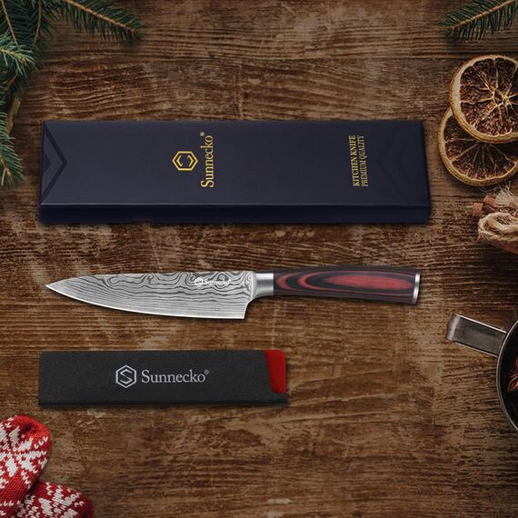 Sunnecko 14cm Küchenmesser Kochmesser Profi Messer - Klein Küchenmesser Edelstahl Fleischmesser mit Pakkaholz Griff Allzweckmesser Küche Scharf Klinge mit Geschenkbox