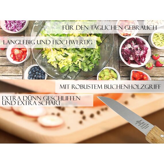Gemüsemesser 2er Set aus Solingen Obstmesser mit Echt Holzgriff aus Buche Allzweckmesser mit Rostfreier Messerklinge Schälmesser Made in Germany Universal Messer mit Extra Scharfem Präzisem Schnitt