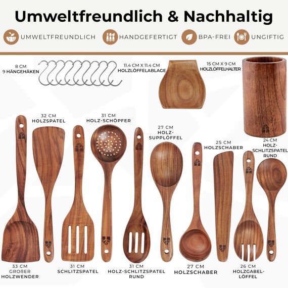 Holz kochlöffel Set 12 Stück aus Teakholz - Robuste Holzlöffel Set mit Halter, Haken und Ablage, Pfannenwender Holz & Kochbesteck - Natürlich & Perfekt für Antihaft, BPA-FREI küchenhelfer