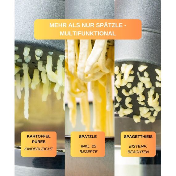 Thiru Spätzlepresse - Testsieger 2024-60 Tage risikofrei testen - Kartoffelpresse mit Auflagerasten & Schaumlöffel - Ideal für Spätzle, Kartoffeln, Säfte - Made in Germany - inkl. E-Book