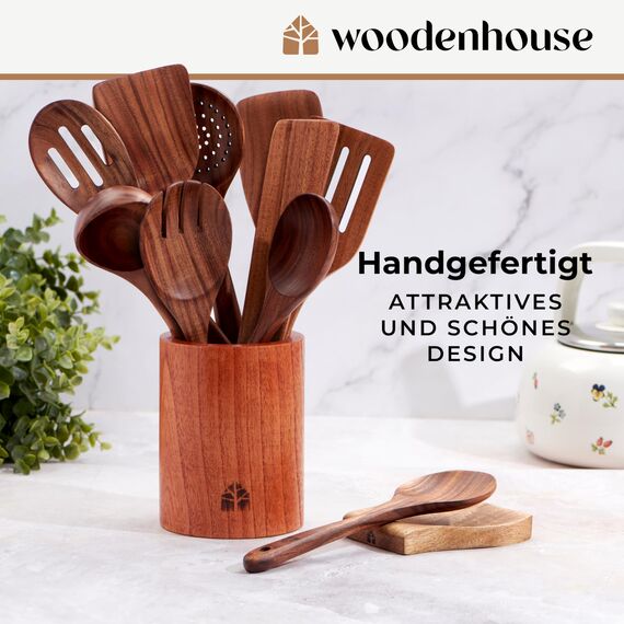 Holz kochlöffel Set 12 Stück aus Teakholz - Robuste Holzlöffel Set mit Halter, Haken und Ablage, Pfannenwender Holz & Kochbesteck - Natürlich & Perfekt für Antihaft, BPA-FREI küchenhelfer