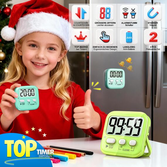 Antonki 2 Stück Timer, Digitaler Küchentimer zum Kochen, Eieruhr, Magnetisch Stoppuhr Timer für Kinder, Lehrer, Klassenzimmer, Übung, Badezimmer, Backofen, Backen-Inklusive Batterie