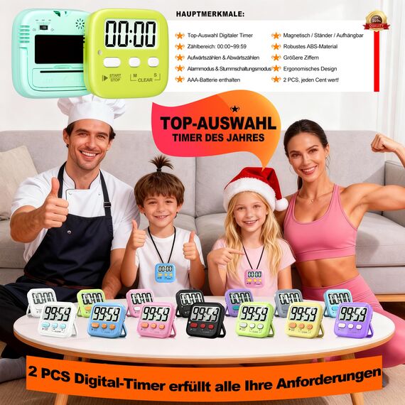 Antonki 2 Stück Timer, Digitaler Küchentimer zum Kochen, Eieruhr, Magnetisch Stoppuhr Timer für Kinder, Lehrer, Klassenzimmer, Übung, Badezimmer, Backofen, Backen-Inklusive Batterie