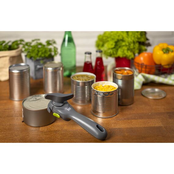 KUHN RIKON Auto Safety Dosenöffner grau, Sicherheitsdosenöffner, keine scharfen Kanten, fasst automatisch den Rand der Dose, sauber und sicher, 5.8 x 9 x 18.5 cm