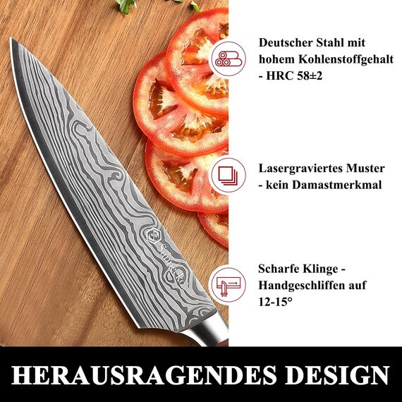 Sunnecko 20cm Messer Küchenmesser Kochmesser - Küchenmesser Profi Messer Scharfes Chefmesser Edelstahl Fleischmesser mit Pakkaholz Griff Allzweckmesser Scharf Klinge mit Geschenkbox für Weihnachten