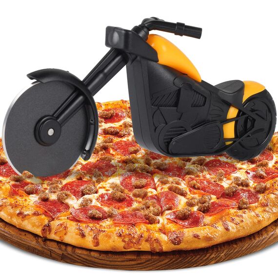 Motorrad Pizzaschneider, Lustige Pizza Schneider Edelstahl Kunststoff Pizzaroller Pizzarad Pizzamesser, Pizza Cutter mit Scharfem Schneiderad & Ständer für Weihnachten Geburtstag Geschenke (Gelb)