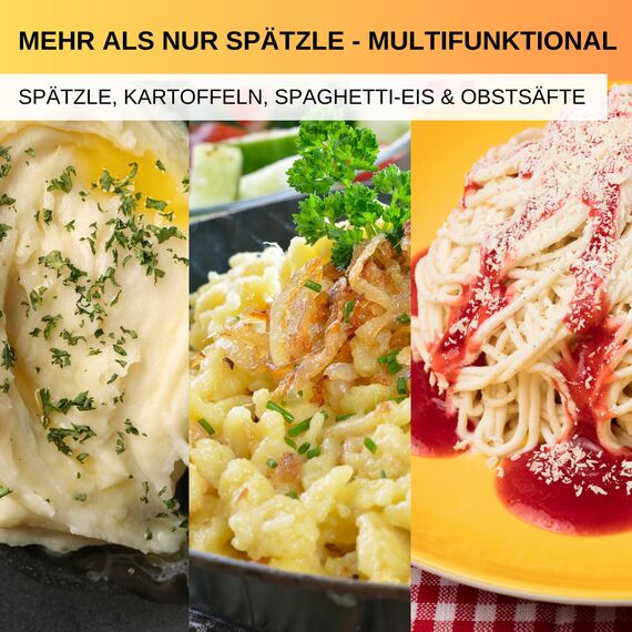 Thiru Spätzlepresse Kombipack - Klassische Spätlze & Knöpfle (Rundloch) - Testsieger 2024-60 Tage risikofrei testen - Kartoffelpresse mit Auflagerasten & Schaumlöffel - Made in Germany
