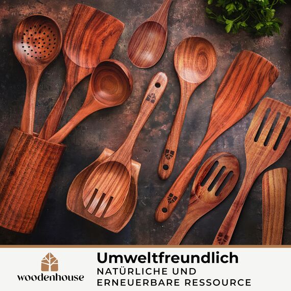 Holz kochlöffel Set 12 Stück aus Teakholz - Robuste Holzlöffel Set mit Halter, Haken und Ablage, Pfannenwender Holz & Kochbesteck - Natürlich & Perfekt für Antihaft, BPA-FREI küchenhelfer