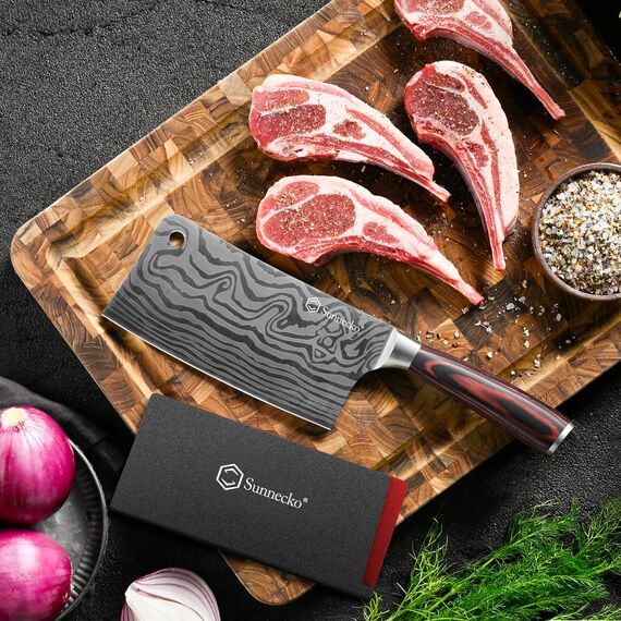Sunnecko 18cm Hackmesser Küchenbeil Küchenmesser Messer - Kochmesser Profi Messer aus Edelstahl Hackbeil Küchenmesser mit Pakkaholz Griff in Geschenkbox