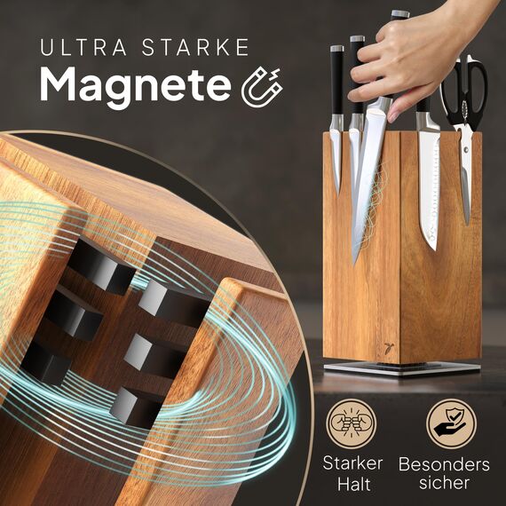 Messerblock Drehbar 360 Grad Magnetisch Ohne Messer Akazienholz – Magnet-Messerhalter Universal Unbestückt Holz – Edler Holzblock Akazie – Magnetic Rotating Knife Holder Block | mahona