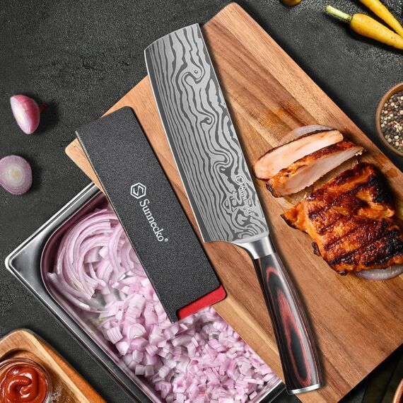 Sunnecko 18cm Küchenbeil Messer Küchenmesser - Klein Hackmesser Hackbeil Küchenmesser Kochmesser Profi Messer Edelstahl mit Pakkaholz Griff in Geschenkbox, Chang Serie