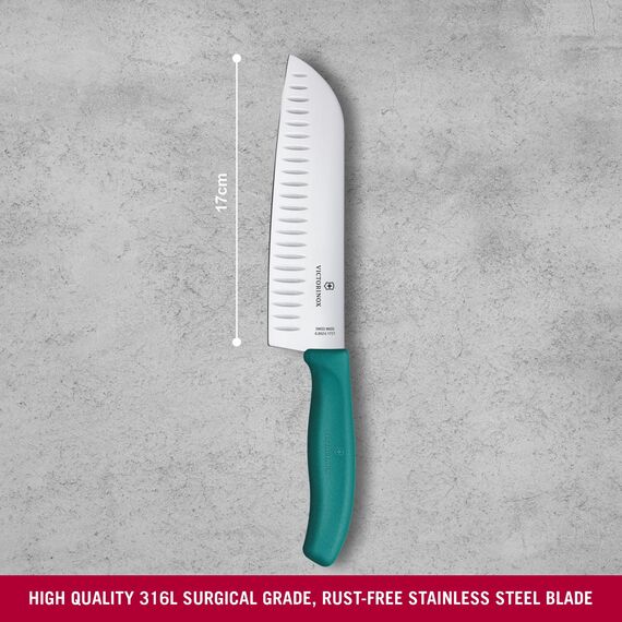 Victorinox Swiss Classic Santokumesser, Messer Asiatischer Art, Extra Scharfe Klinge, Kullenschliff, 17 cm, Rostfreier Stahl, Blister, Grün