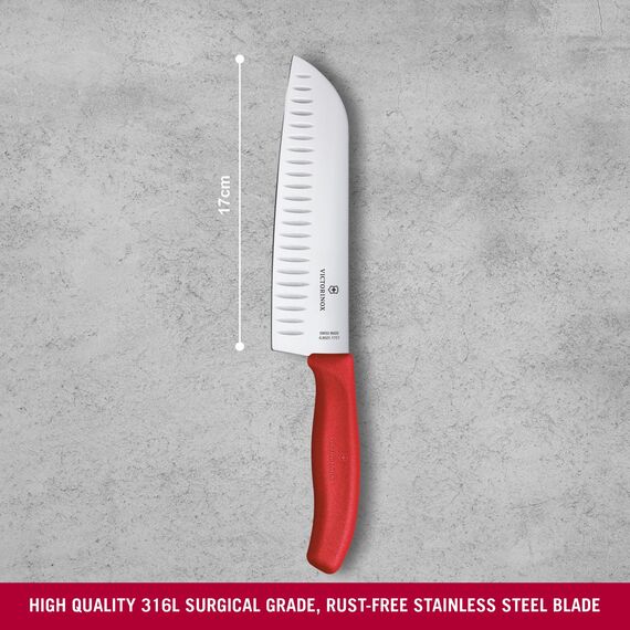 Victorinox Swiss Classic Santokumesser, Messer Asiatischer Art, Extra Scharfe Klinge, Kullenschliff, 17 cm, Rostfreier Stahl, Blister, Rot