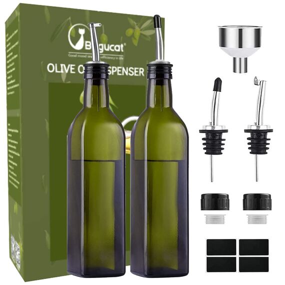 Bugucat Ölflasche, 2PCS 500ML Essigflasche aus Glas mit Spender,Öl Flaschen mit Ausgießer und Etikett, Olivenöl Spender mit Anti-Schmutz Verschluss Auslaufsicher und Tropffrei zum Kochen,Salat,Grillen