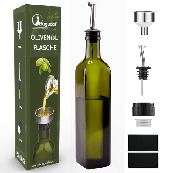 Bugucat Ölflasche 500ML, Essigflasche aus Glas mit Spender,Öl Flaschen mit Ausgießer und Etikett,Olivenöl Spender mit Anti-Schmutz Verschluss Auslaufsicher und Tropffrei,zum Kochen, Grillen, Salat