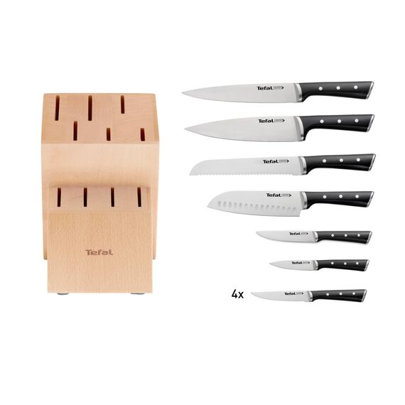 Tefal Ice Force 11-tlg. Messerblock-Set, 6 Messer, 4 Steak Messer, 1 Holz-Messerblock, hochwertiger, deutscher Edelstahl, Ice Force Technologie, korrosionsbeständig, schwarz/braun/silber, K232SA