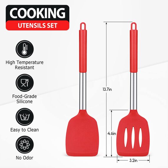 Pfannenwender Silikon, Hitzebeständig Silikon Geschlitzt Pfannenwender Küchenhelfer Spatel BPA Frei, Spülmaschinengeeignet Küchenhelfer Kochgeschirr Edelstahl Turner Antihaft Spachtel zum Kochen, Rot