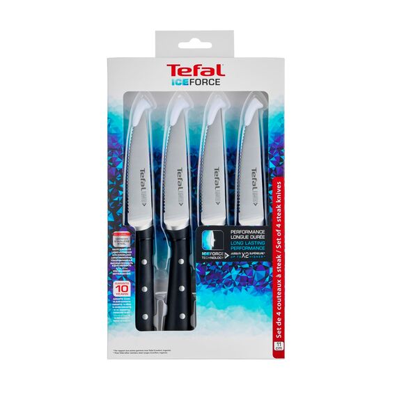 Tefal Ice Force 4-teiliges Steakmesser Set, Spezialmesser mit 11 cm Klinge, langfristige Leistung, Spezielle Klingenfertigung für optimale , Edelstahl made in Germany, K232S4
