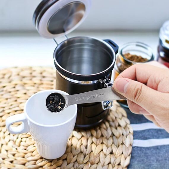 Messlöffel-Set Edelstahl Teelöffel 6 Stück Cup Messbecher Klein Löffel Set mit Skala, 6-Teilige Gewürzlöffel Esslöffel Dosierlöffel für Klein Gewürzgläser Trockenrationen Flüssigkeit Backmessen