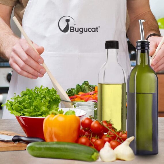 Bugucat Ölflasche, 2PCS 500ML Essigflasche aus Glas mit Spender,Öl Flaschen mit Ausgießer und Etikett, Olivenöl Spender mit Anti-Schmutz Verschluss Auslaufsicher und Tropffrei zum Kochen,Salat,Grillen