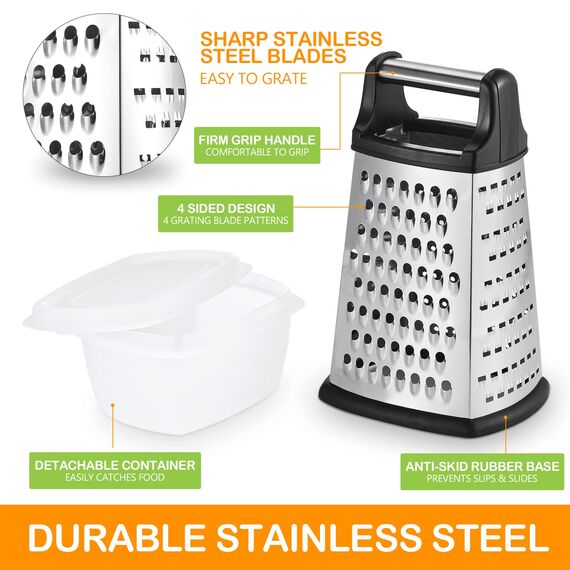 TELANKS Vierkantreibe Edelstahl, Grater Kitchen, 4-seitige Reibe mit Behälter, Reibe für Gemüse, Käsereibe, Küchenreibe, 4 unentbehrliche Küchenfunktionen für Grobes, Mittleres, Feines und Hobeln