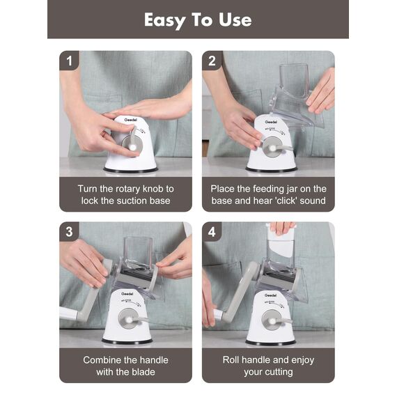 Geedel Käsereibe, Reibe für Gemüse mit 5 Trommelblättern, Gemüseschneider für Käse, Ice, Gurken, Karotten, Nüsse usw, Slushy Maker Ice Crusher Trommelreibe Schnelleres und Einfaches Schneiden (Weiß)