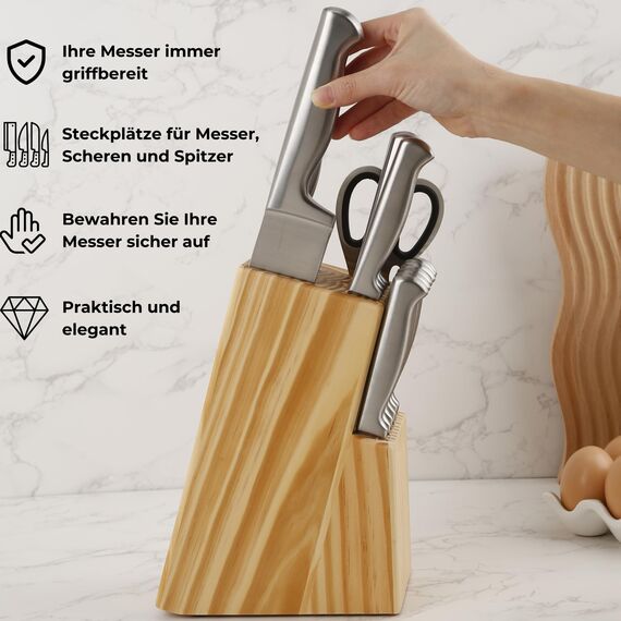 Messerblock ohne Messer Kieferholz für 15 Teile. Universal Messerhalter aus Massivholz, robuster und eleganter. Messerhalter mit Scherenschlitz, Küchenmesser-Block (Kieferholz)
