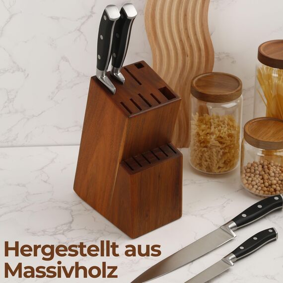 Messerblock ohne Messer Akazienholz für 15 Teile. Universal Messerhalter aus Massivholz, robuster und eleganter. Messerhalter mit Scherenschlitz, Küchenmesser-Block (Akazienholz)