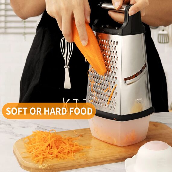 TELANKS Vierkantreibe Edelstahl, Grater Kitchen, 4-seitige Reibe mit Behälter, Reibe für Gemüse, Käsereibe, Küchenreibe, 4 unentbehrliche Küchenfunktionen für Grobes, Mittleres, Feines und Hobeln