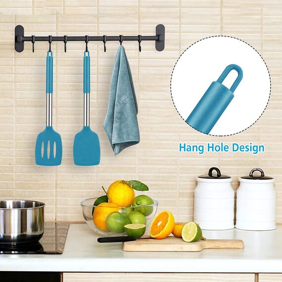 Pfannenwender Silikon, Hitzebeständig Silikon Geschlitzt Pfannenwender Küchenhelfer Spatel BPA Frei, Spülmaschinengeeignet Küchenhelfer Kochgeschirr Edelstahl Turner Antihaft Spachtel zum Kochen, Blau