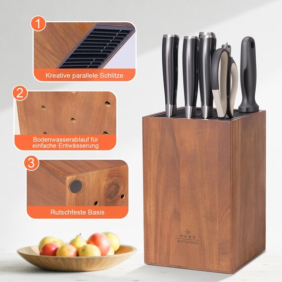 ENOKING Messerblock ohne Messer aus Akazienholz, unbestückte messerblöcke mit Kunststoffdeckel, Hochwertiges universal messerblock für Messer und Geflügelschere/Wetzstahl