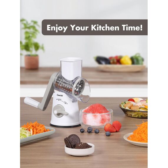 Geedel Käsereibe, Reibe für Gemüse mit 5 Trommelblättern, Gemüseschneider für Käse, Ice, Gurken, Karotten, Nüsse usw, Slushy Maker Ice Crusher Trommelreibe Schnelleres und Einfaches Schneiden (Weiß)