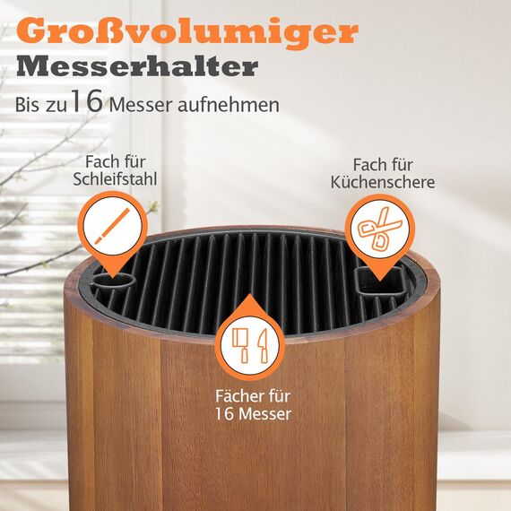 ENOKING Messerblock Ohne Messer, Universal Messerblock mit Schlitzen für Scheren und Schärfstab, Runder Messerhalter aus Akazienholz, Unbestückte Messerblöcke für Messeraufbewahrung
