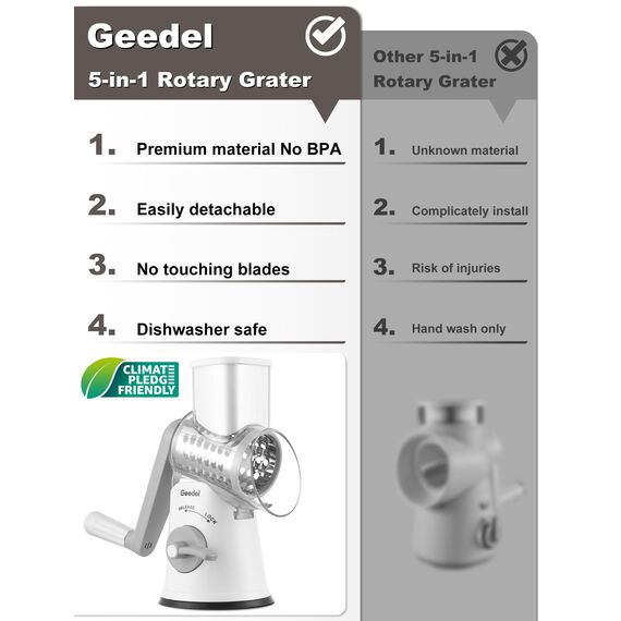 Geedel Käsereibe, Reibe für Gemüse mit 5 Trommelblättern, Gemüseschneider für Käse, Ice, Gurken, Karotten, Nüsse usw, Slushy Maker Ice Crusher Trommelreibe Schnelleres und Einfaches Schneiden (Weiß)