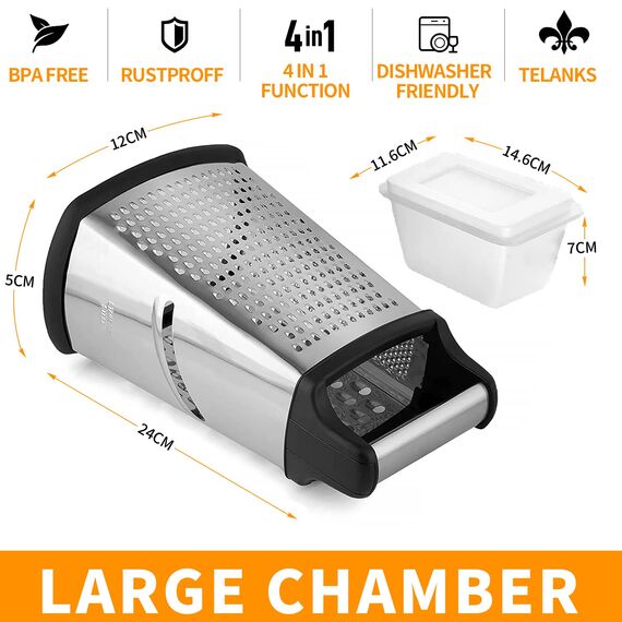 TELANKS Vierkantreibe Edelstahl, Grater Kitchen, 4-seitige Reibe mit Behälter, Reibe für Gemüse, Käsereibe, Küchenreibe, 4 unentbehrliche Küchenfunktionen für Grobes, Mittleres, Feines und Hobeln
