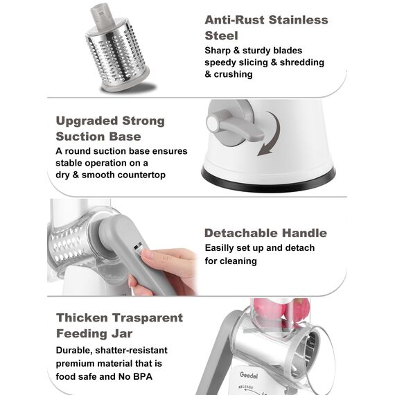 Geedel Käsereibe, Reibe für Gemüse mit 5 Trommelblättern, Gemüseschneider für Käse, Ice, Gurken, Karotten, Nüsse usw, Slushy Maker Ice Crusher Trommelreibe Schnelleres und Einfaches Schneiden (Weiß)
