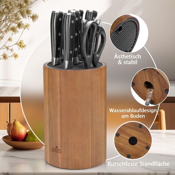 ENOKING Messerblock Ohne Messer, Universal Messerblock mit Schlitzen für Scheren und Schärfstab, Runder Messerhalter aus Akazienholz, Unbestückte Messerblöcke für Messeraufbewahrung