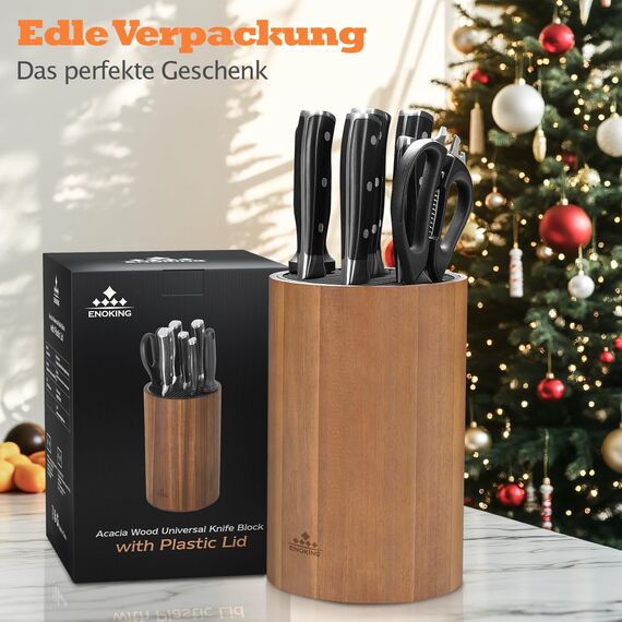 ENOKING Messerblock Ohne Messer, Universal Messerblock mit Schlitzen für Scheren und Schärfstab, Runder Messerhalter aus Akazienholz, Unbestückte Messerblöcke für Messeraufbewahrung