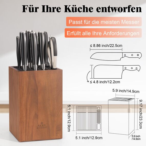 ENOKING Messerblock ohne Messer aus Akazienholz, unbestückte messerblöcke mit Kunststoffdeckel, Hochwertiges universal messerblock für Messer und Geflügelschere/Wetzstahl