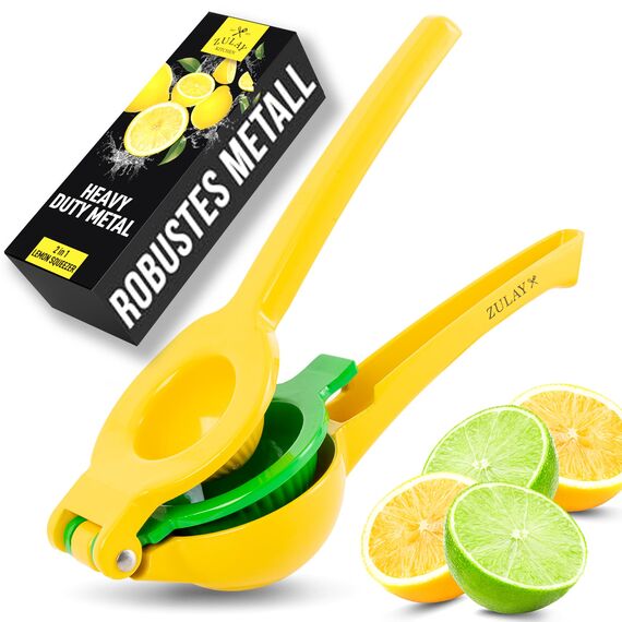 Zulay Kitchen Zitronenpresse & Limettenpresse, Manuelle Zitruspresse Handpresse für Zitronen und Limetten, Entsafter Saftpresse Manuell, Robuste Saftpresse aus Aluminium (Gelb/Grün)