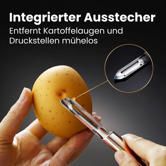 Deluxe Sparschäler aus Edelstahl für Rechts- & Linkshänder | Innovativer Gemüseschäler & Obstschäler mit doppelseitiger Klinge | Ultrascharf, spülmaschinengeeignet, 5 Jahre Ersatzversprechen