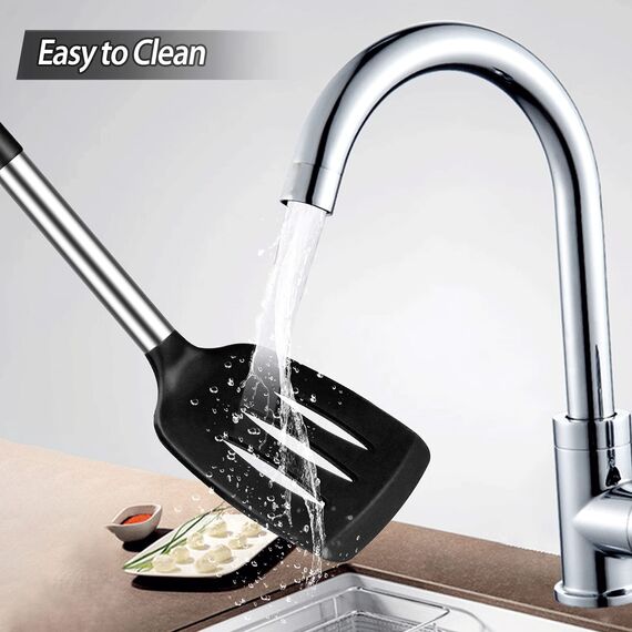 Pfannenwender Silikon, Hitzebeständig Silikon Geschlitzt Spatel Küchenhelfer BPA Frei,Spülmaschinengeeignet Küchenhelfer Kochgeschirr Edelstahl Turner Antihaft Spachtel zum Kochen, Schwarz