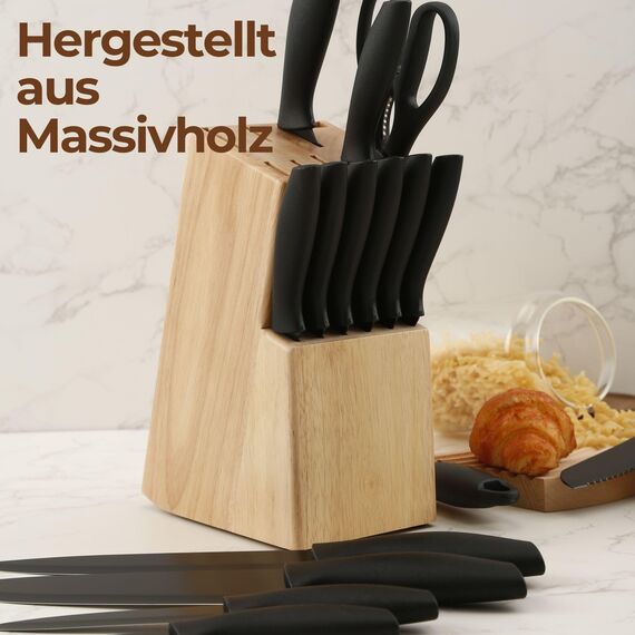 Messerblock ohne Messer Gummibaumholz für 15 Teile. Messerhalter aus Massivholz, robuster und eleganter universal-Messerhalter. Messer halter mit Scherenschlitz. Küchenmesser-Block (Gummibaumholz)