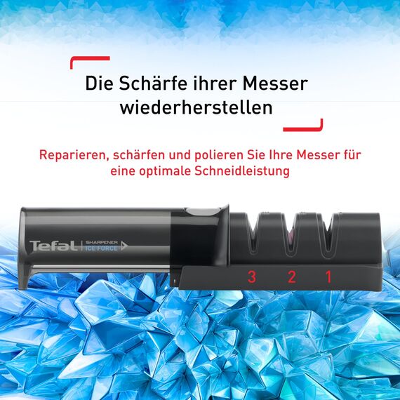Tefal Ice Force Messerschärfer, 3-Schritte-Schleifprozess, nachschärfen + ausbessern, gut für Edelstahlmesser, platzsparende Aufbewahrung, japanische Keramikschleifscheibe, Schwarz, K26505